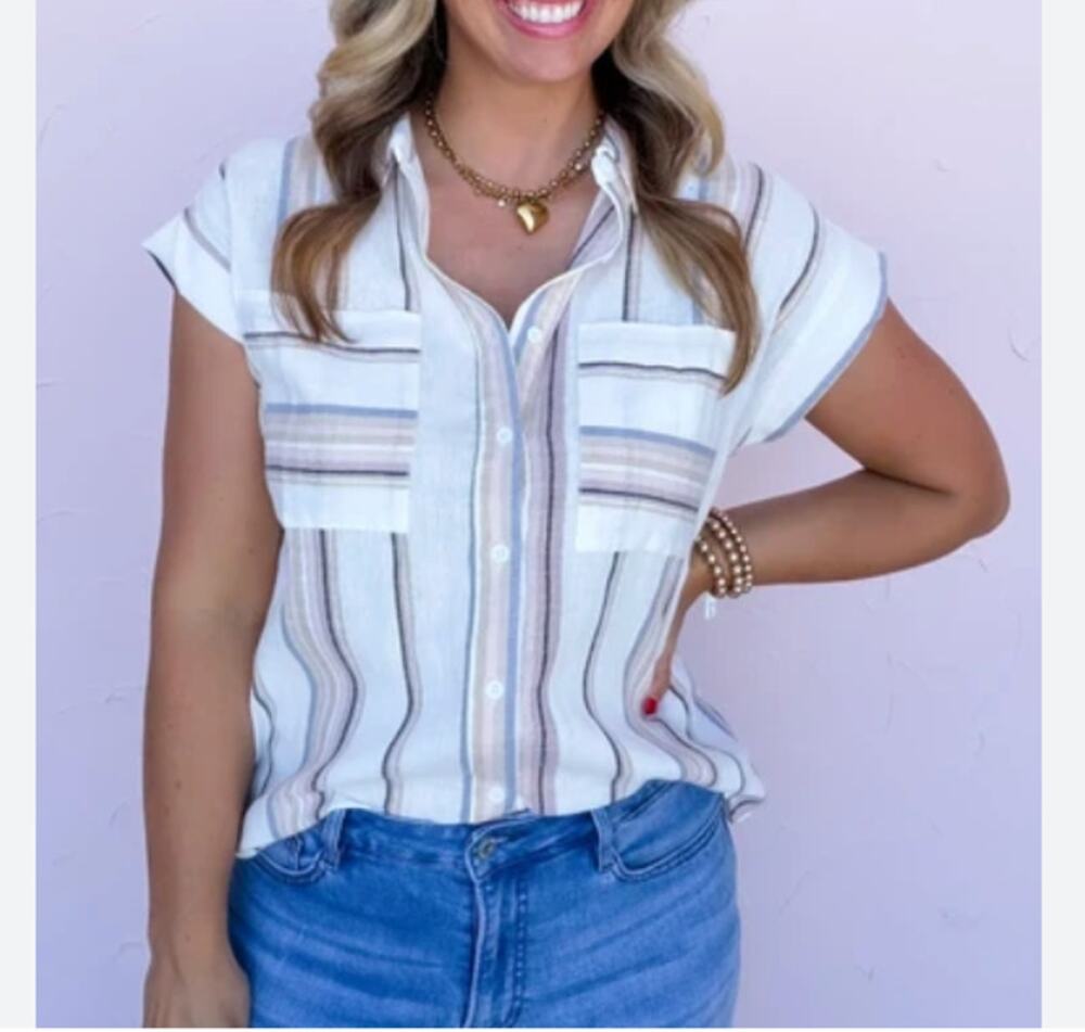 FATE Anthropologie Top Size Small Button Stripe Gold Accent Linen